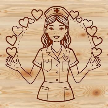 Female nurse holding heart shapes, ideal for healthcare or medical themed designs.