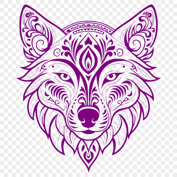 A close-up illustration of a wolf's head featuring sharp features and details.