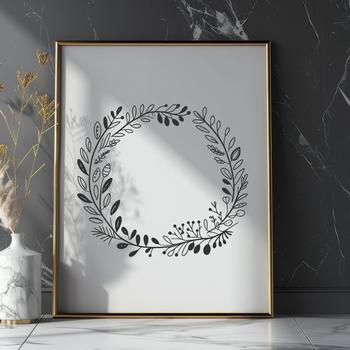 A floral design consisting of intertwined elements forming a circular shape.