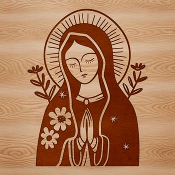 Vector depiction of Our Lady Mary surrounded by intricate floral patterns, ideal for use in digital designs and crafts.