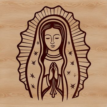 A detailed illustration of the Virgin Mary in ornate attire, depicted as a revered figure in Christian iconography.