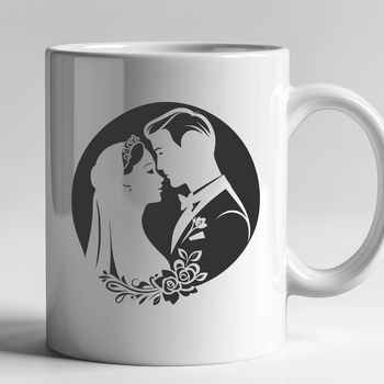 Illustrated wedding scene featuring a bride and groom with decorative floral elements in an SVG format.