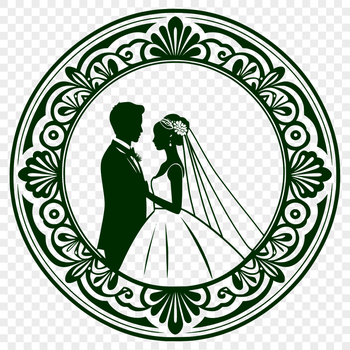 A pair of newlyweds standing together, surrounded by flowers and foliage.