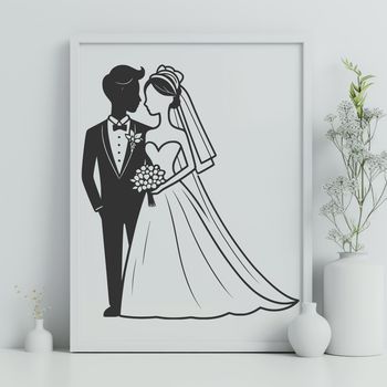 A wedding-themed SVG graphic featuring a bride and groom surrounded by floral elements.