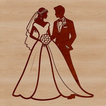 A vector illustration of a happy bride and groom standing together in front of a decorated wedding arch.