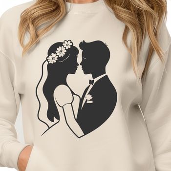 Illustrated wedding scene featuring a bride and groom, suitable for graphic design projects.