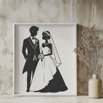 Vector illustration of a happy couple exchanging vows on their wedding day.