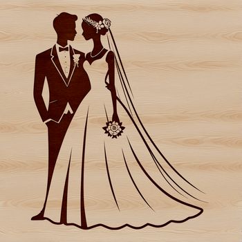 A happy bride and groom standing together in front of a decorative arch.