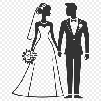 A detailed illustration of a bride and groom standing together in front of a decorative backdrop.