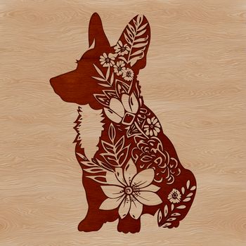 A seated Welsh Corgi surrounded by ornate floral patterns.