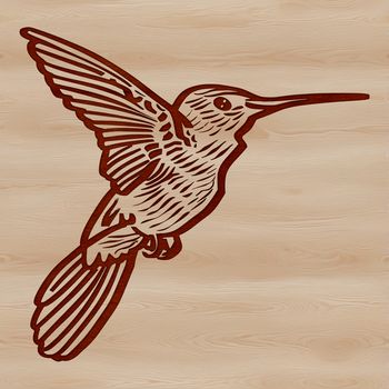 A small, iridescent bird in mid-air, flapping its wings rapidly as it hovers near a flower.