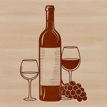 A clear illustration of a glass of red wine next to a bottle.