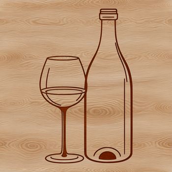 A bottle of wine sitting on a wooden table with a glass next to it.
