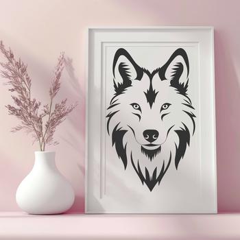 A vector graphic representation of a wolf's face, suitable for various design applications.