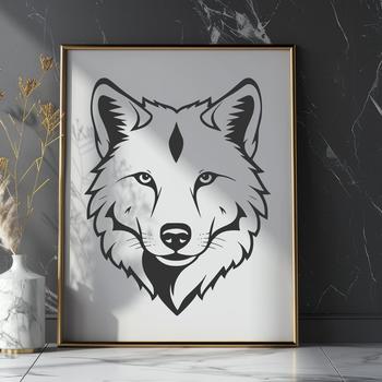 A detailed illustration of a wolf's head with its distinctive features and facial expression.