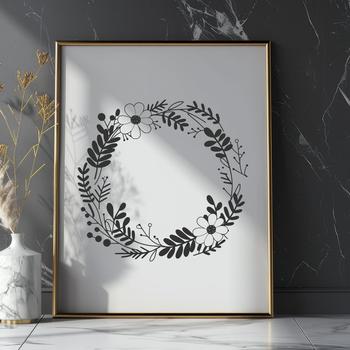 A hand-drawn floral wreath design made from a combination of leaves and flowers.
