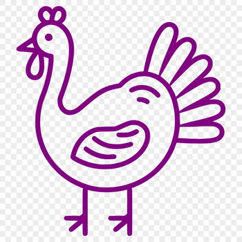 A simple line drawing of a farm animal, featuring the full body of a turkey in a neutral pose.