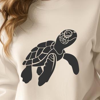 A detailed illustration of a full-body sea turtle with scaly skin and flippers.