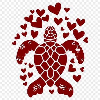 A detailed illustration of a sea turtle's full body with heart symbols incorporated into its design.