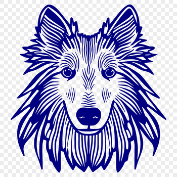 A detailed illustration of the head of a Shetland sheepdog dog breed.