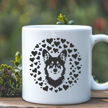 A portrait illustration of a cute Welsh Corgi dog with heart shapes around its head.