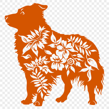 Australian Shepherd dog breed illustration in full body pose standing on a grassy background with floral elements.