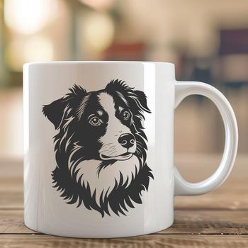 Close-up illustration of a friendly Australian Shepherd's head with distinctive markings.