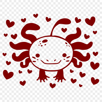 Axolotl cartoon character with love hearts surrounding its head, a vector illustration.