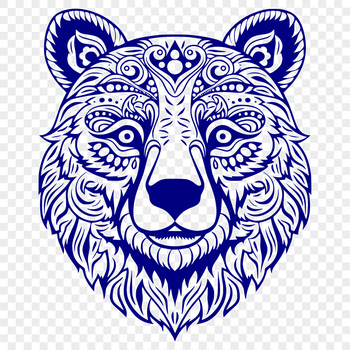 A detailed illustration of a bear's head with ornate design elements.