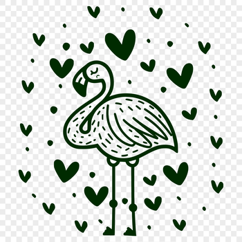 A colorful illustration of a full-body flamingo bird with love hearts.