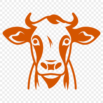 A cartoon cow's head with a calf in the background.
