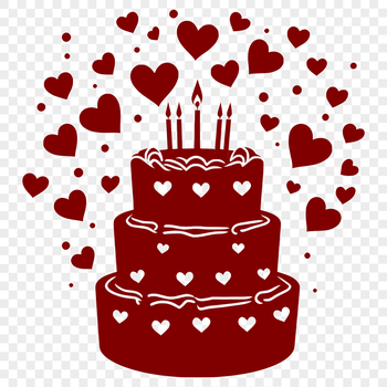 Colorful birthday cake design with love hearts and festive decorations.