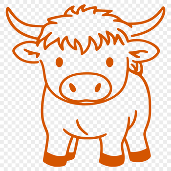 A standing Highland cow with distinctive shaggy coat and curved horns.