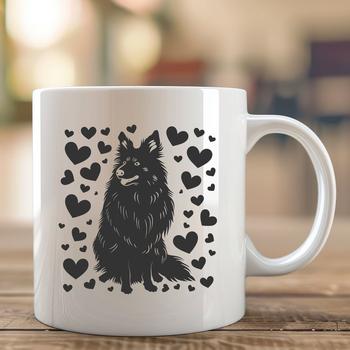 A vector graphic design featuring a Shetland sheepdog in a sitting position with heart motifs incorporated into the image.