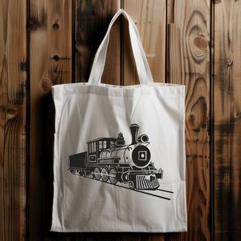 A detailed illustration of a train featuring a classic locomotive design with multiple cars.