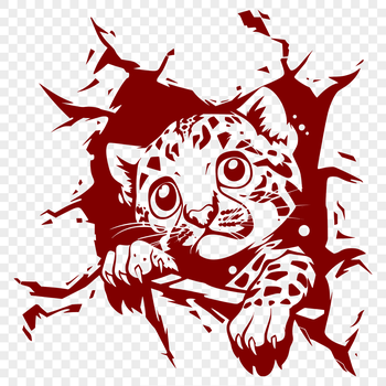 A stylized illustration of an ocelot's head peeking out from behind a wall.