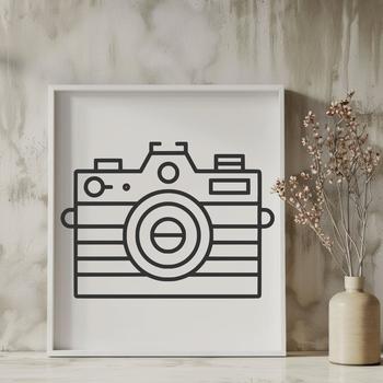 A simple line drawing of a camera for use in vector art designs.