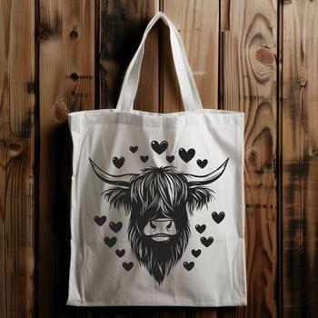 A vector illustration of a Highland cow with love hearts surrounding its head.