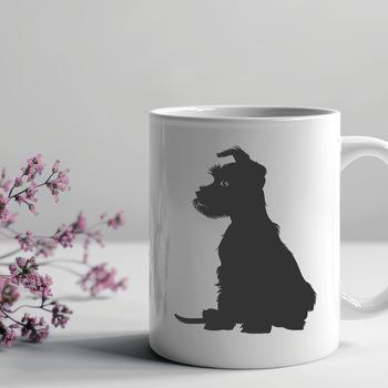 Vector graphic design featuring a detailed miniature schnauzer in a seated position.