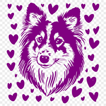 A small Shetland sheepdog's head with love hearts surrounding its features.