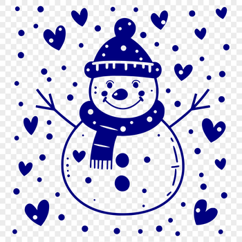 A digital snowman design featuring love hearts, suitable for winter and Christmas themes.