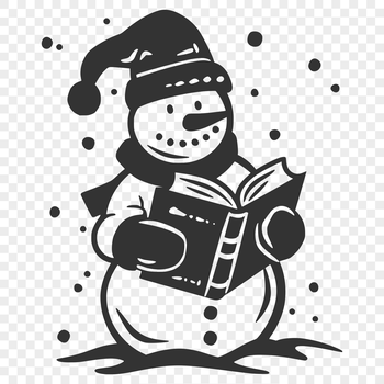A snowman in winter attire reading a book on a snowy day.