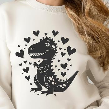 A full-body illustration of a smiling T Rex with love hearts surrounding its body.