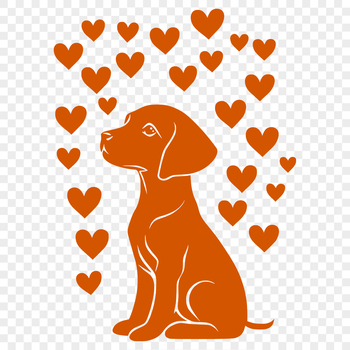 A full-body illustration of a Weimaraner dog sitting with heart symbols surrounding its body.