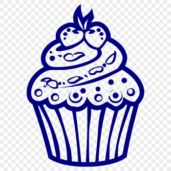 A simple illustration of a sweet treat, a single serving cupcake with frosting and decorations.