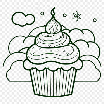 Vector design of a single serving dessert cake with cream topping and decorations.