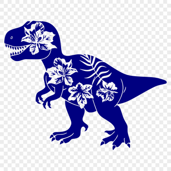 A colorful illustration of a prehistoric dino in full body pose, surrounded by ornate floral patterns.
