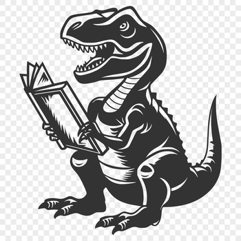 A prehistoric dino in full body pose, reading a book.