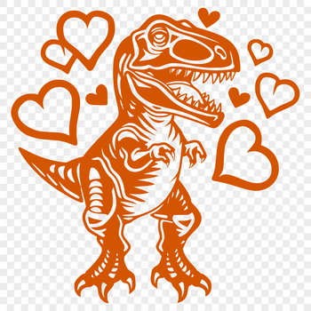 A prehistoric T-Rex dinosaur depicted in full body with love hearts surrounding it.