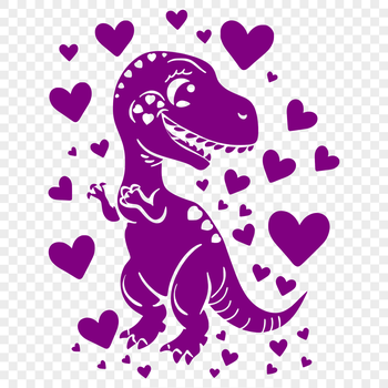 A large, baby dinosaur with love hearts surrounding its body in a prehistoric landscape.